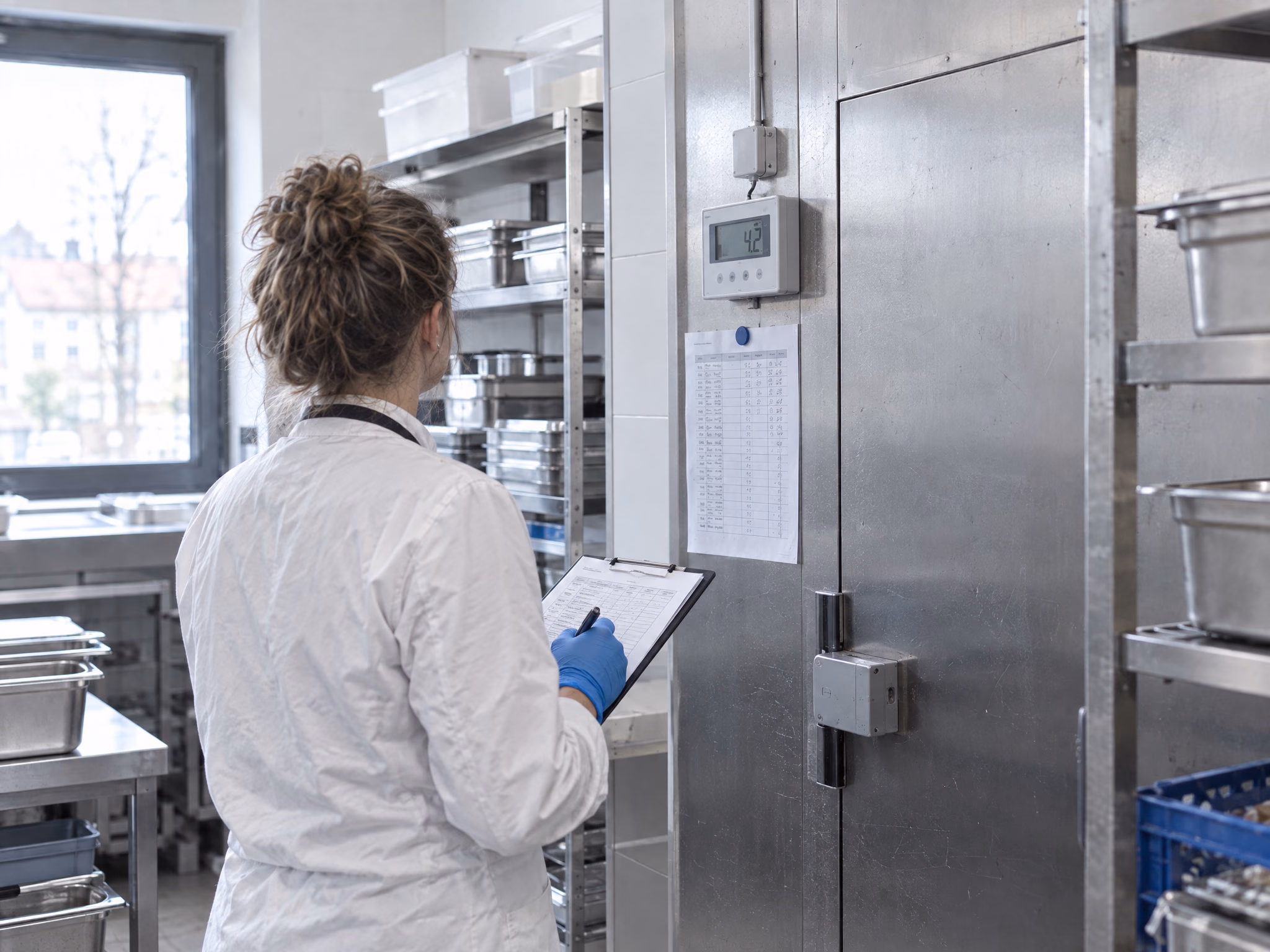 Hygieneaudit in einer Hotelküche: Temperaturkontrolle am Kühlraum mit Klemmbrett