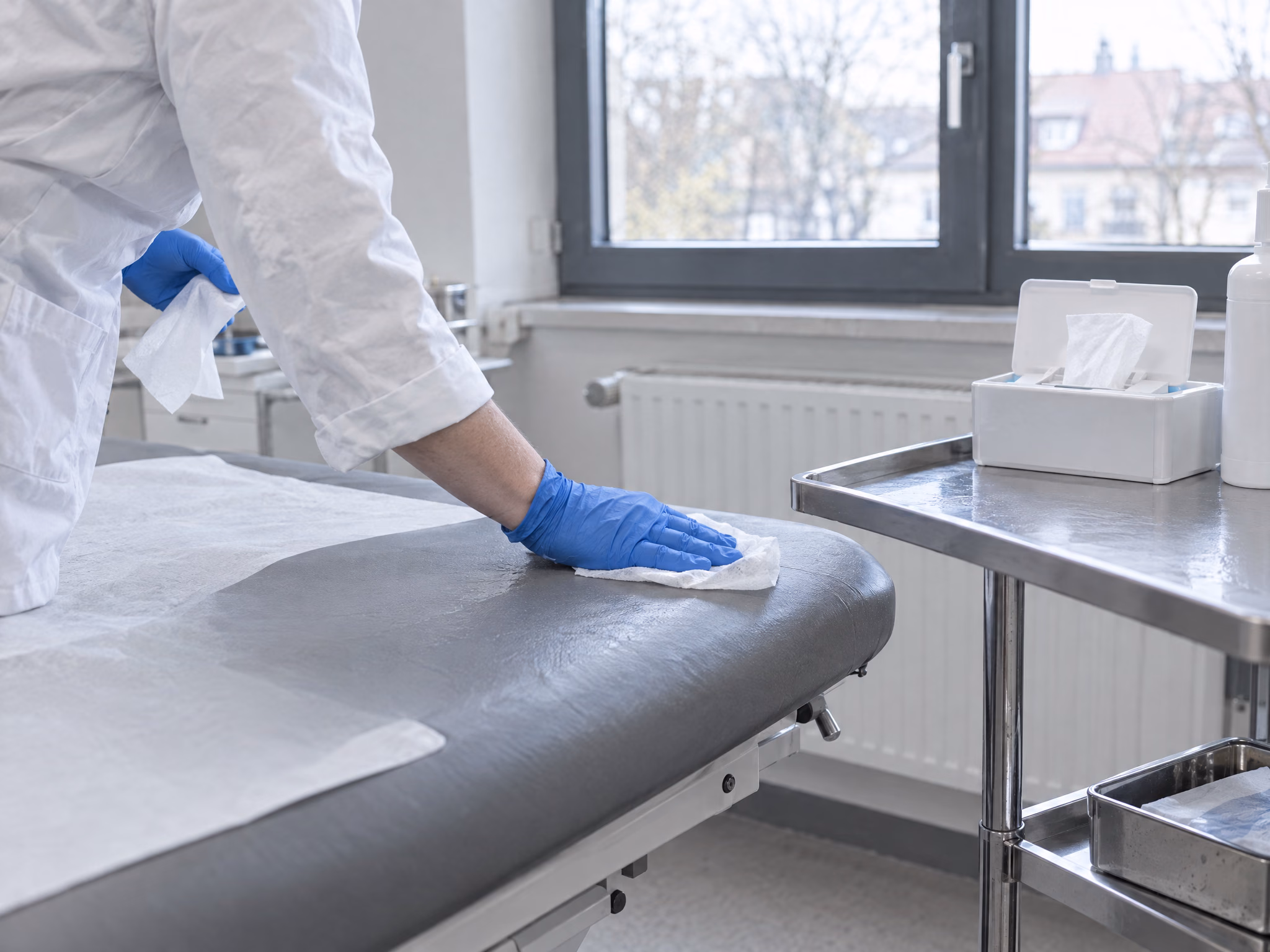 Wischdesinfektion einer Behandlungsliege mit blauen Handschuhen