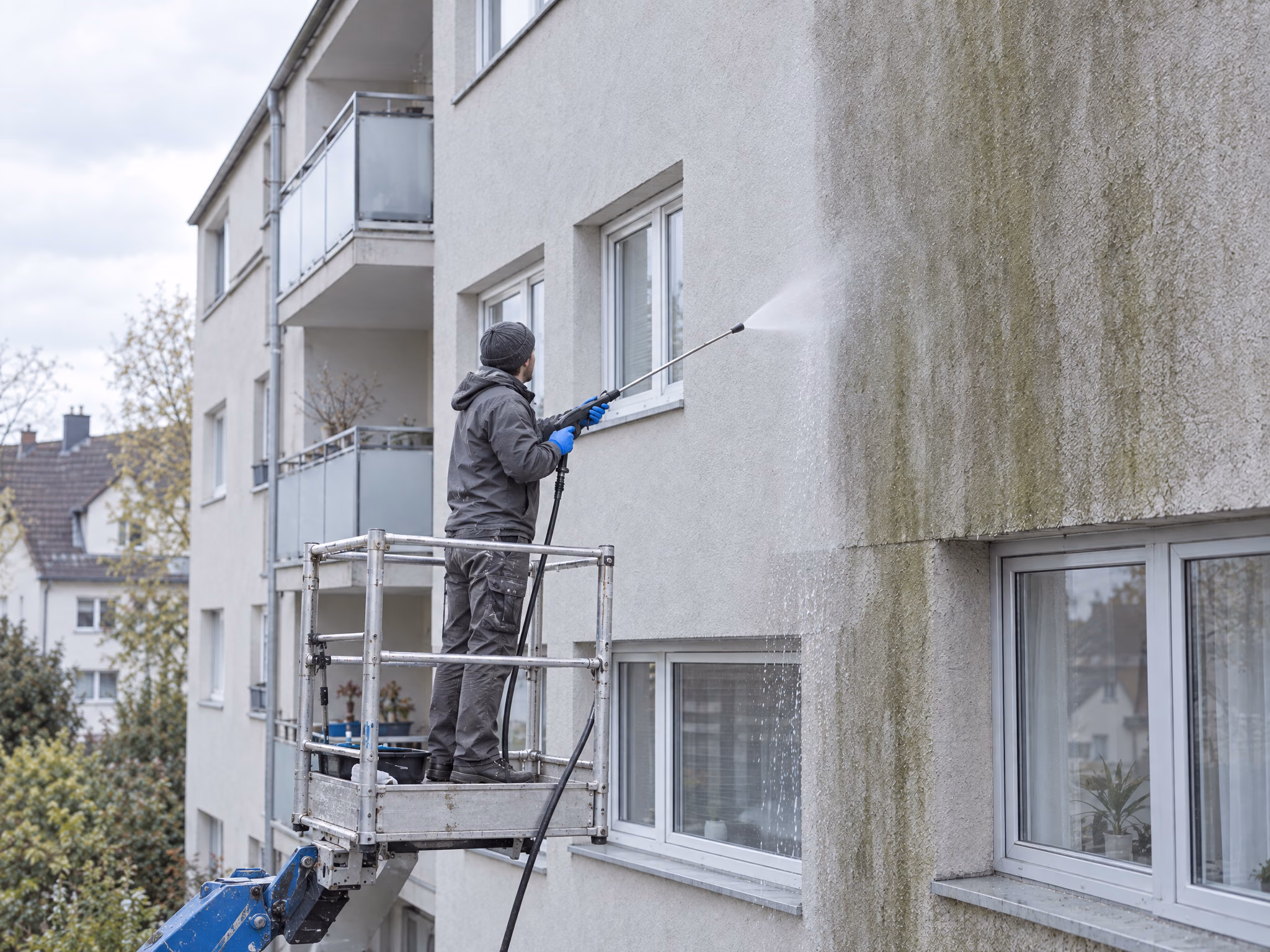 Fassadenreinigung an einem Mehrfamilienhaus von einer Hebebühne aus