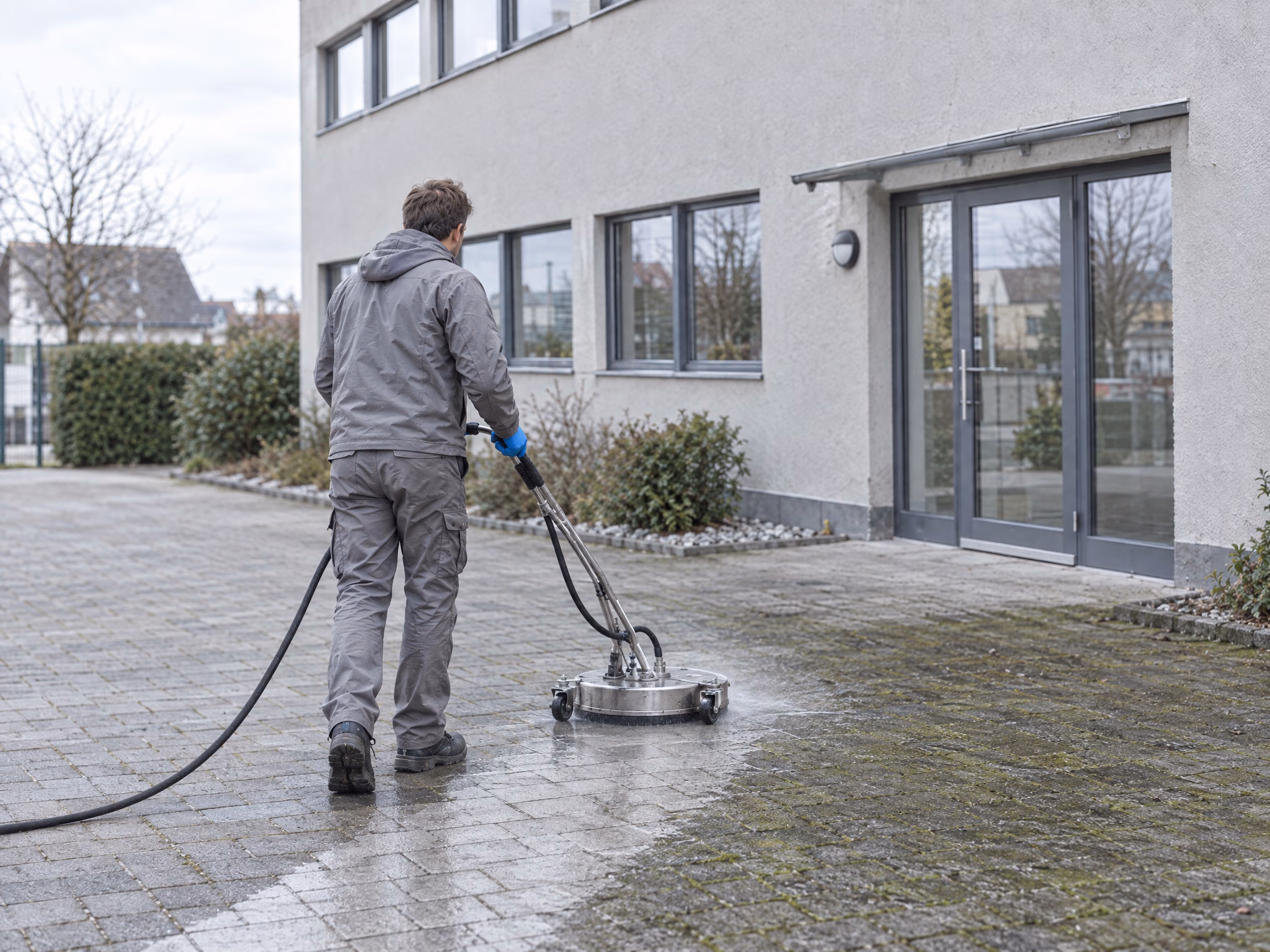 Pflasterreinigung mit einem Flächenreiniger vor einem Firmengebäude