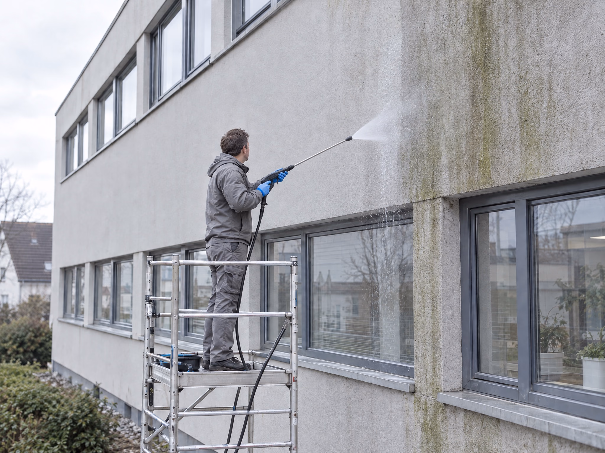 Reinigungskraft auf einem Gerüst entfernt mit einem Hochdruckreiniger Algen von der Fassade eines Bürogebäudes