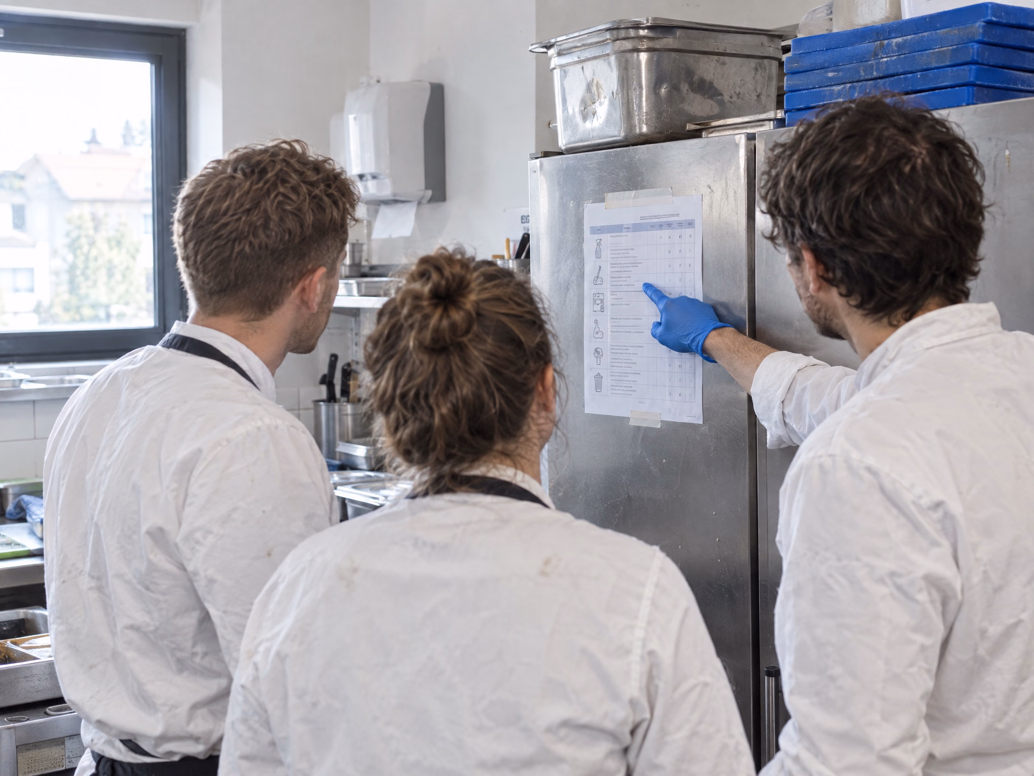 Küchenteam bei einer Hygieneschulung, eine Hand im blauen Handschuh zeigt auf einen Reinigungsplan am Kühlschrank