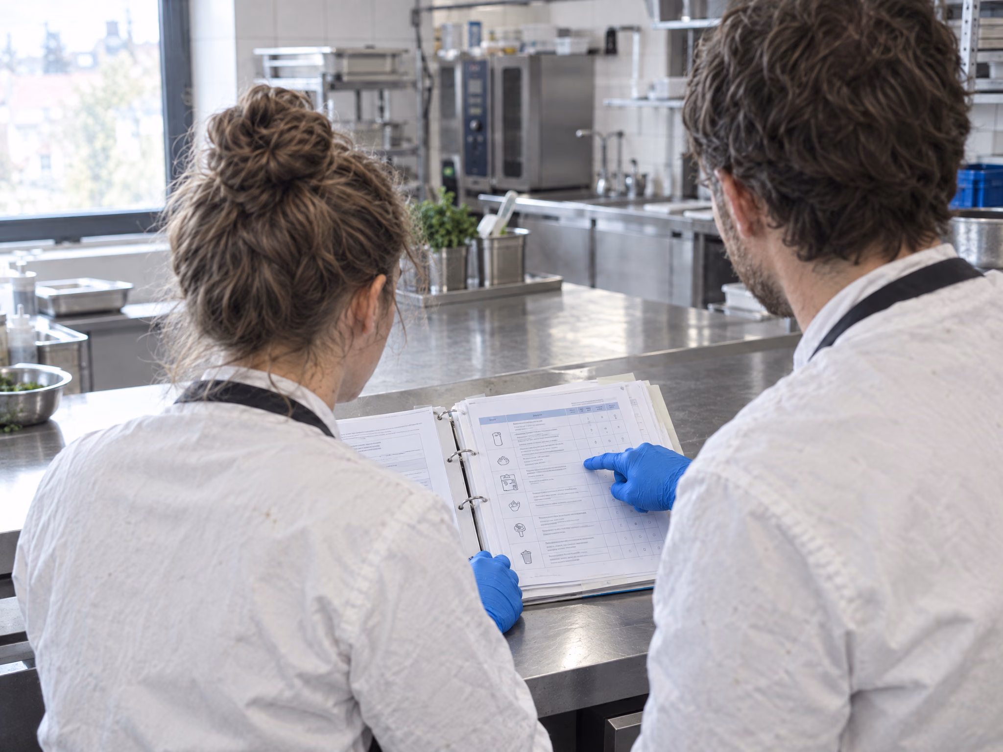 Besprechung eines Hygieneplans im Ordner an einem Edelstahltisch in der Küche