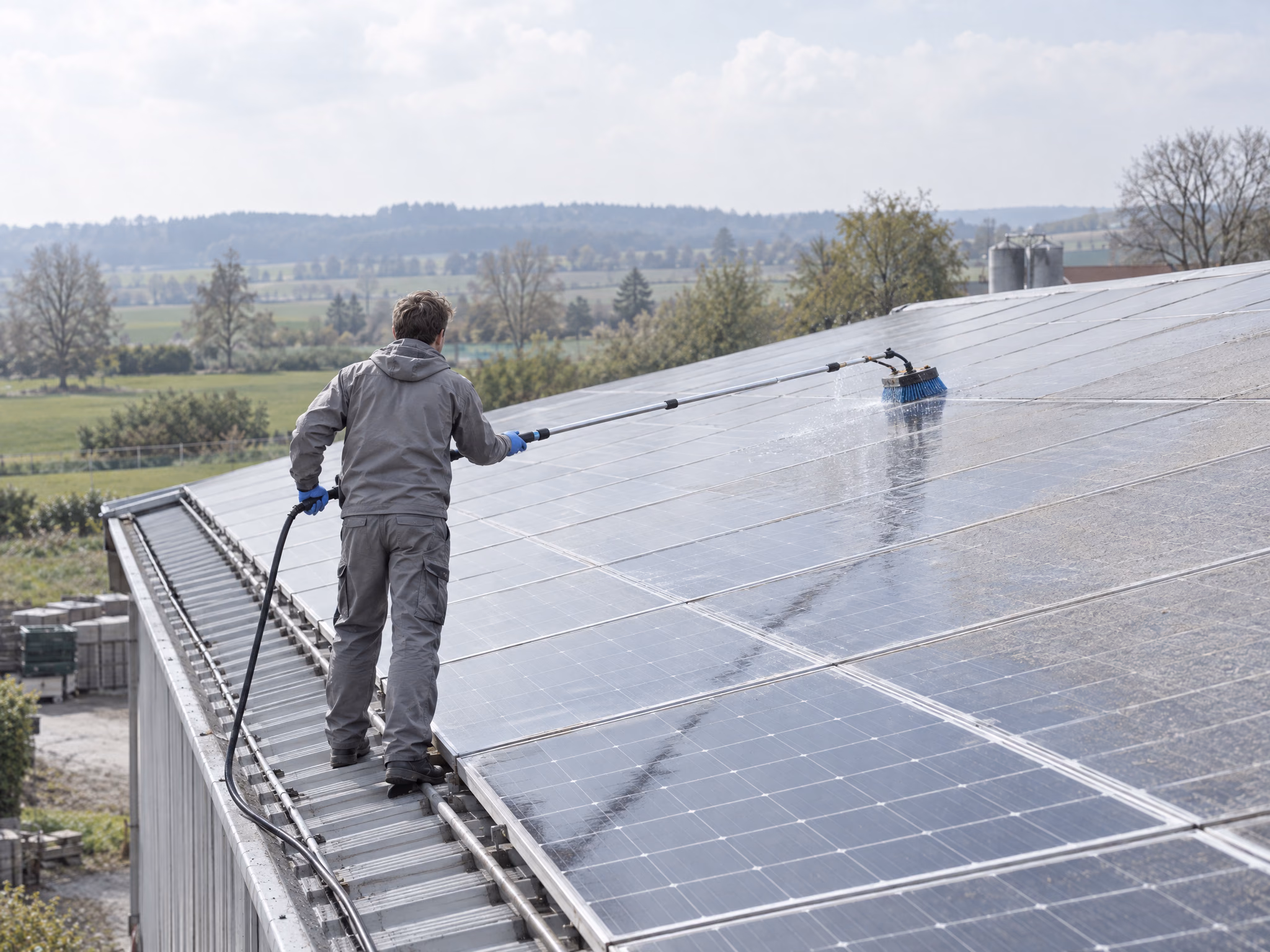 Reinigung einer großen Photovoltaikanlage auf einem landwirtschaftlichen Dach mit Bürstenstange