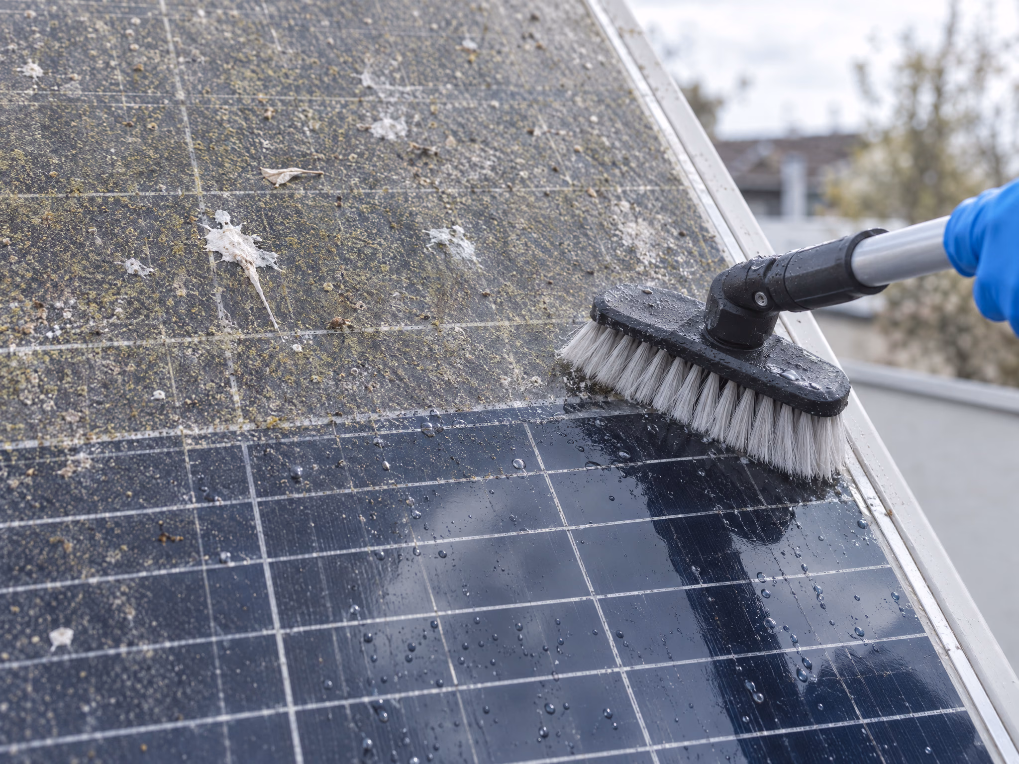 Solarmodul, halb verschmutzt, halb mit Bürste gereinigt