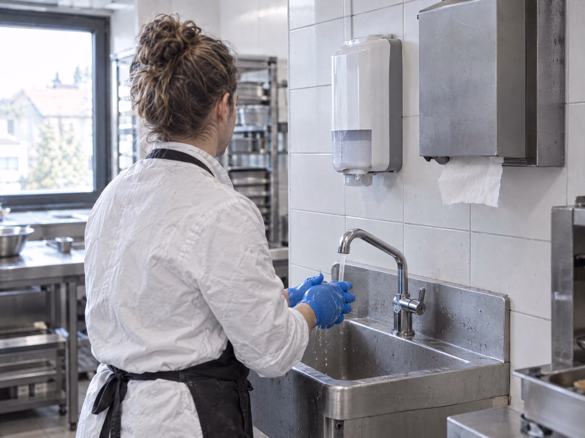 Händedesinfektion am Handwaschbecken einer Großküche