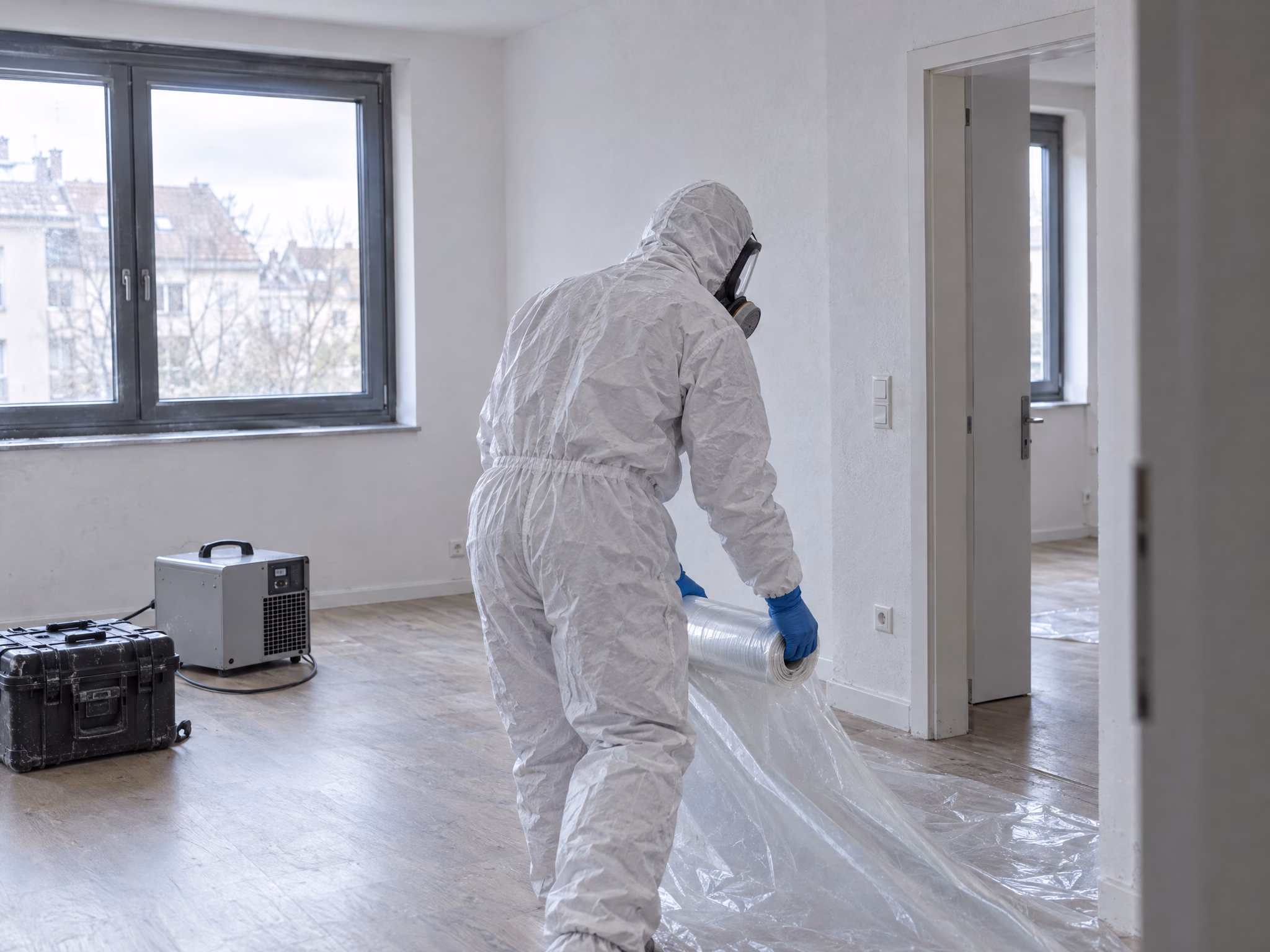 Tatortreinigung abgeschlossen: Mitarbeiter im Schutzanzug rollt Schutzfolie in einer leeren Wohnung auf